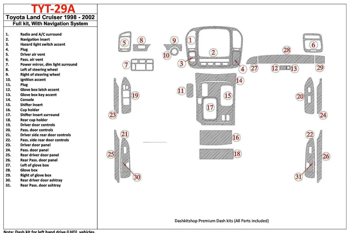 Toyota Land Cruiser 1998-2002 Avec NAVI, 31 Parts set BD Kit la décoration du tableau de bord - 2 - habillage decor de tableau d