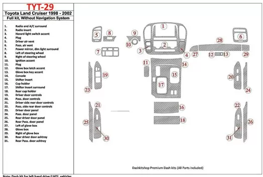 Toyota Land Cruiser 1998-2002 Without NAVI system, 31 Parts set BD innenausstattung armaturendekor cockpit dekor - 2- Cockpit De