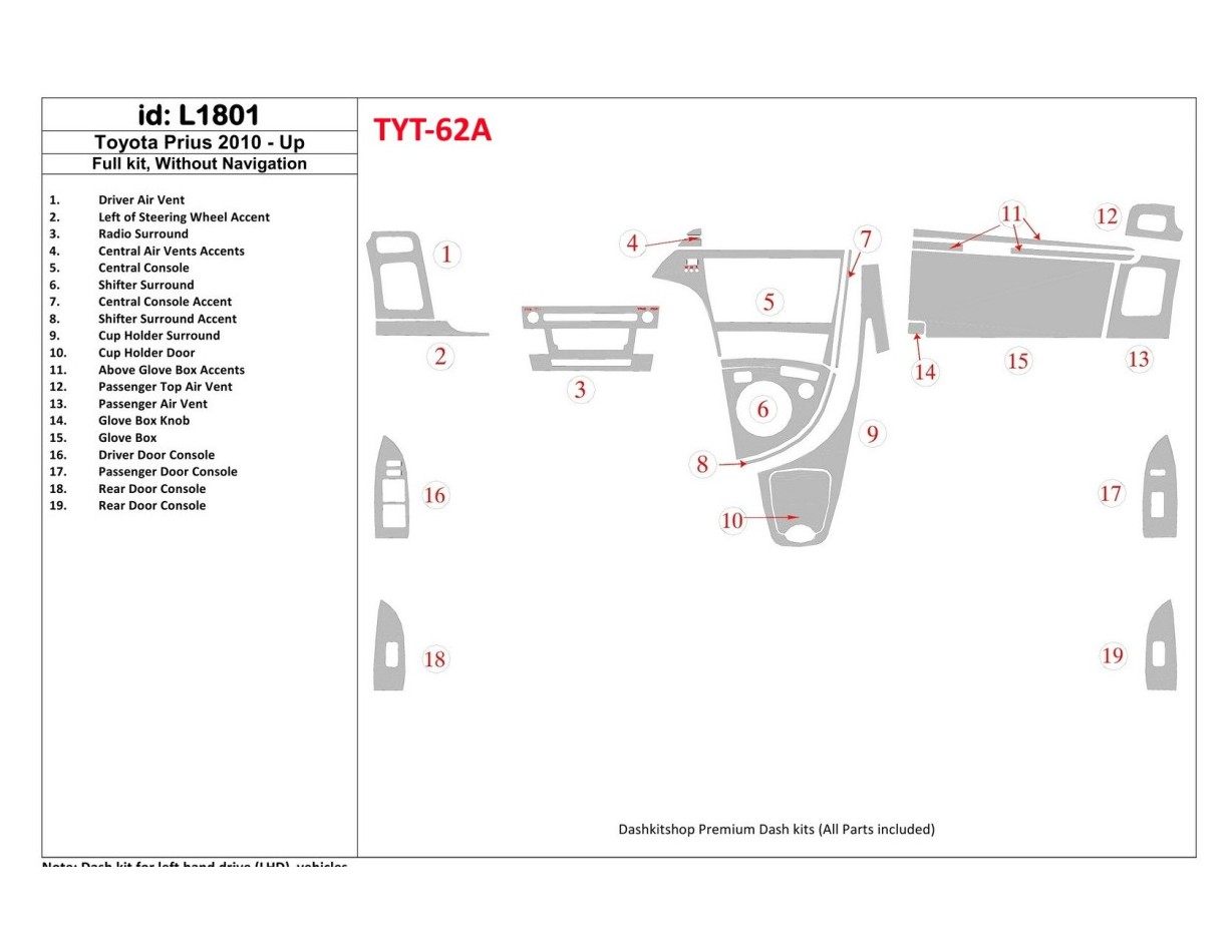Toyota Prius 2010-UP Full Set, Without NAVI BD Interieur Dashboard Bekleding Volhouder