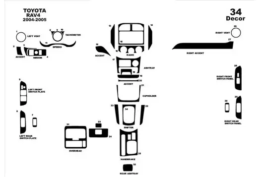 Toyota Rav 4 XA20 11.03-12.04 Mittelkonsole Armaturendekor Cockpit Dekor 34-Teilige - 1- Cockpit Dekor Innenraum