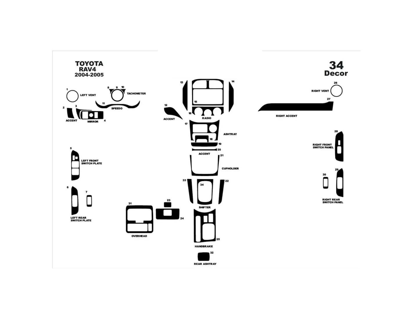 Toyota Rav 4 XA20 11.03-12.04 3M 3D Interior Dashboard Trim Kit Dash Trim Dekor 34-Parts
