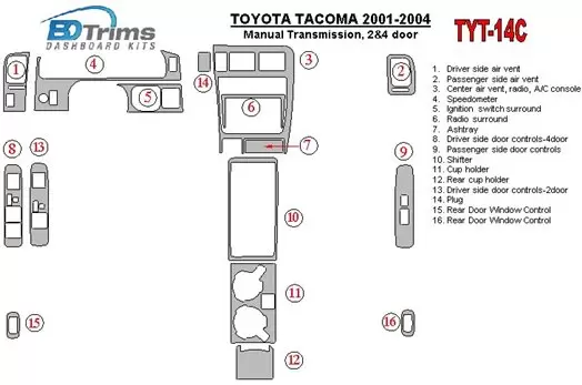 Toyota Tacoma 2000-2004 boîte manuelle Box, 2&4 Des portes BD Kit la décoration du tableau de bord - 1 - habillage decor de tabl