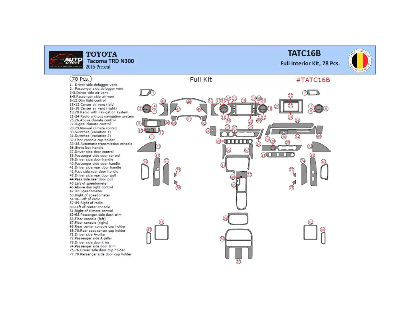 Toyota Tacoma 2016-2020 3D Inleg dashboard Interieurset aansluitend en pasgemaakt op he 78 -Teile