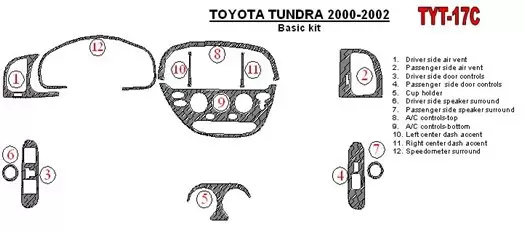 Toyota Tundra 2000-2002 2 & 4 Doors, Basic Set, 12 Parts set Interior BD Dash Trim Kit