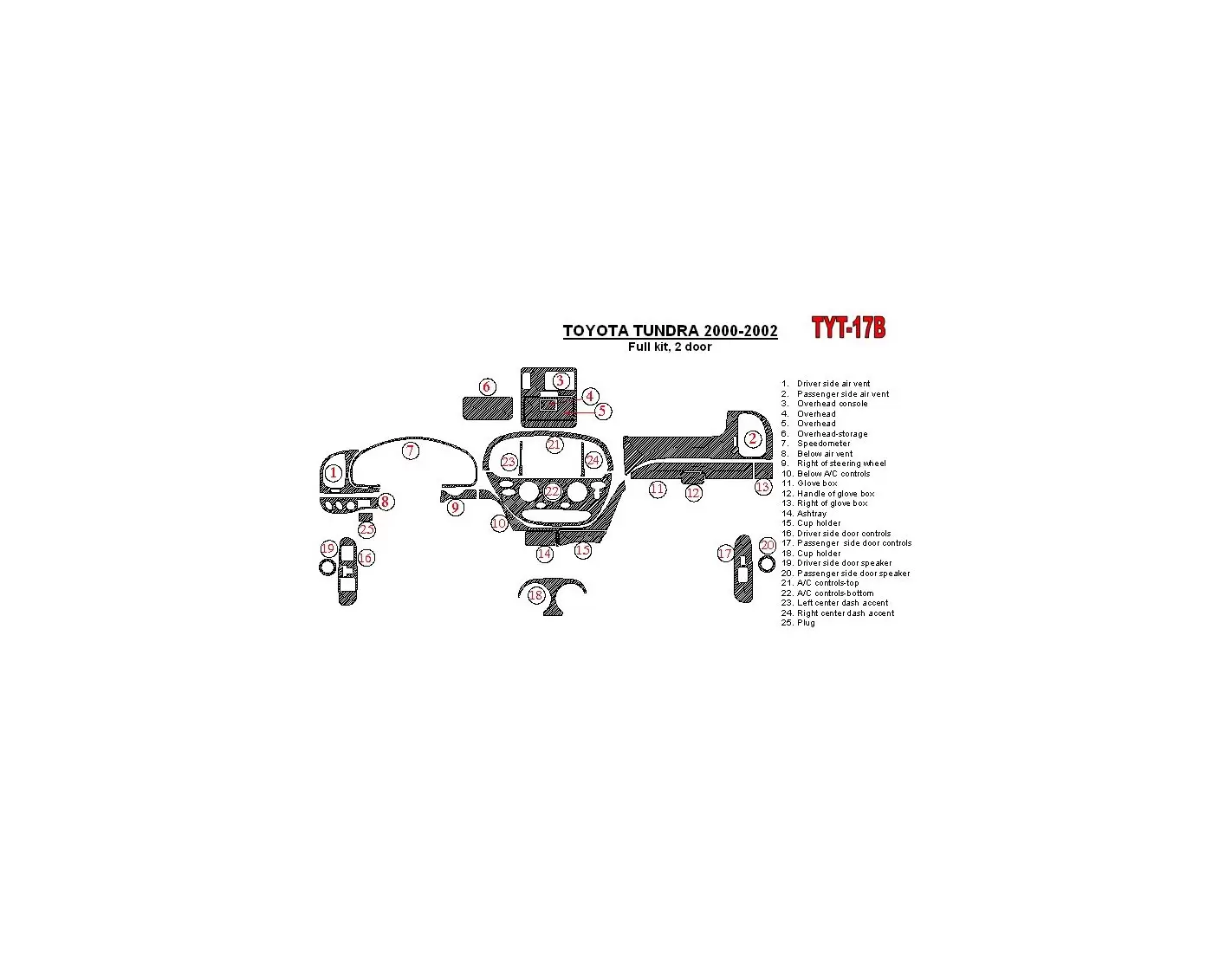 Toyota Tundra 2000-2002 2 Doors, Full Set, 25 Parts set BD Interieur Dashboard Bekleding Volhouder