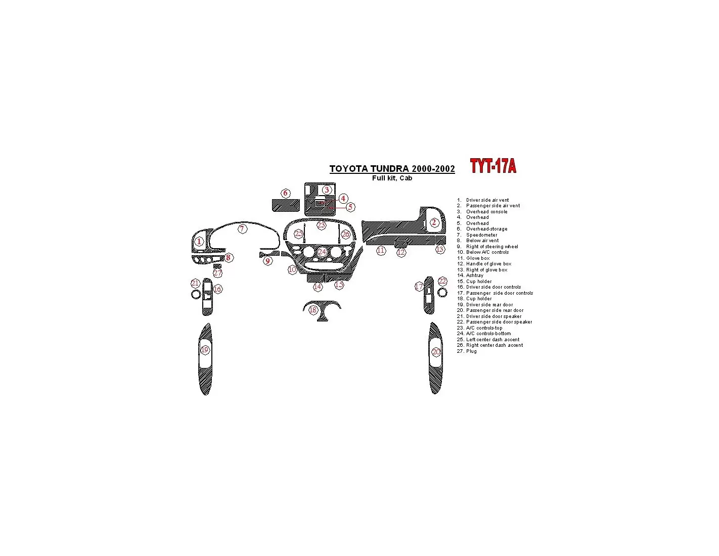 Toyota Tundra 2000-2002 4 Des portes, Ensemble Complet, 27 Parts set BD Kit la décoration du tableau de bord - 1 - habillage dec