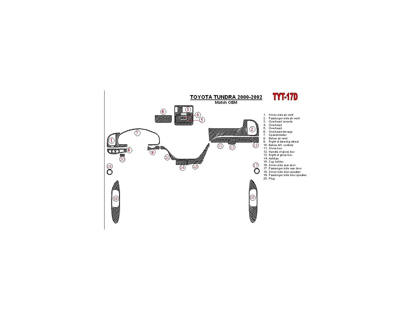 Toyota Tundra 2000-2002 4 Doors, OEM Compliance, 20 Parts set Cruscotto BD Rivestimenti interni