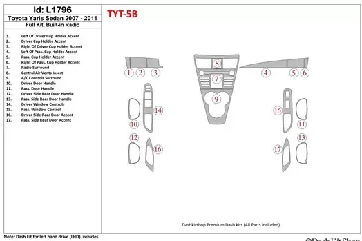 Toyota Yaris 2007-UP Full Set With Built-in Radio BD Interieur Dashboard Bekleding Volhouder