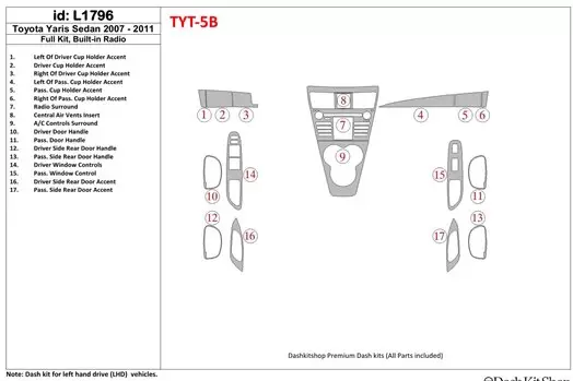 Toyota Yaris 2007-UP Full Set With Built-in Radio Interior BD Dash Trim Kit