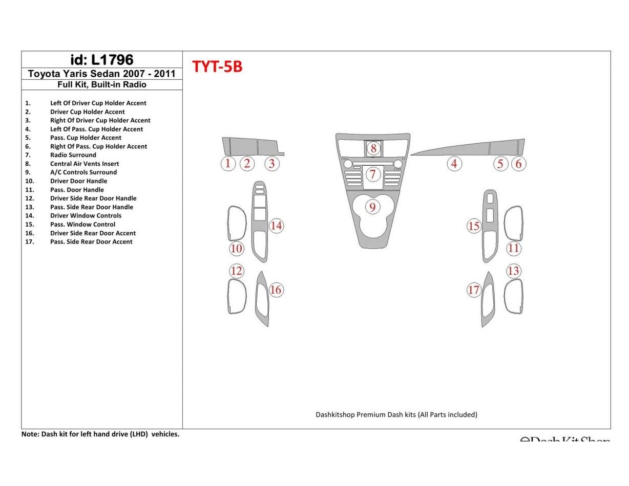 Toyota Yaris 2007-UP Full Set With Built-in Radio BD Interieur Dashboard Bekleding Volhouder