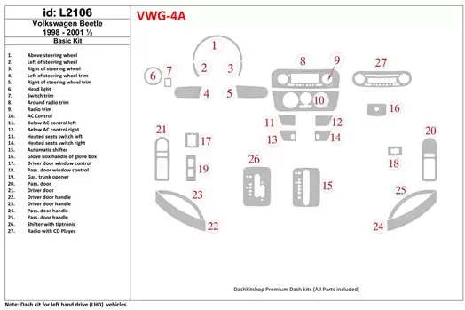 Volkswagen Beetle 1998-2001 Basic Set Cruscotto BD Rivestimenti interni