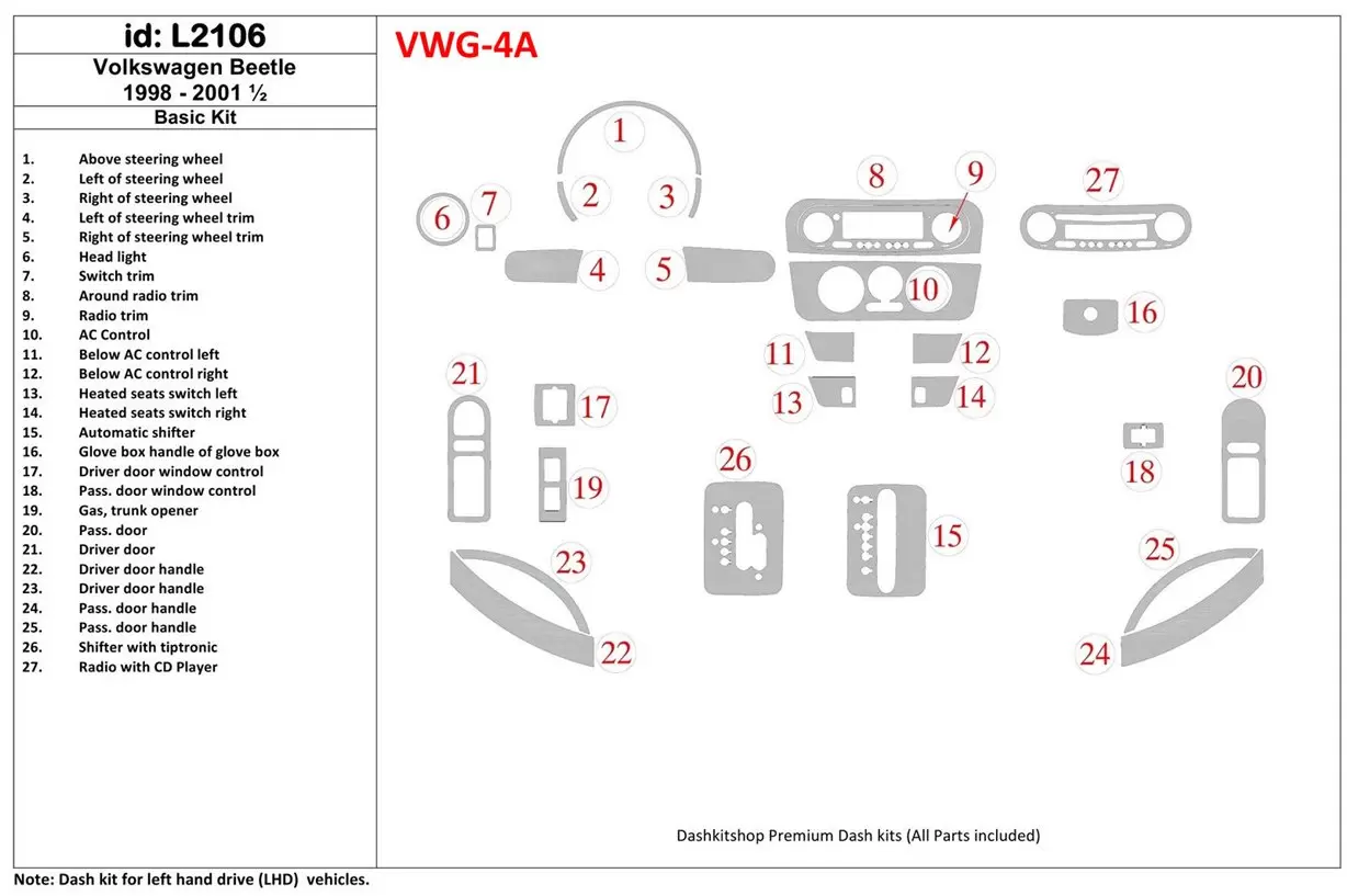 Volkswagen Beetle 1998-2001 Basic Set Cruscotto BD Rivestimenti interni