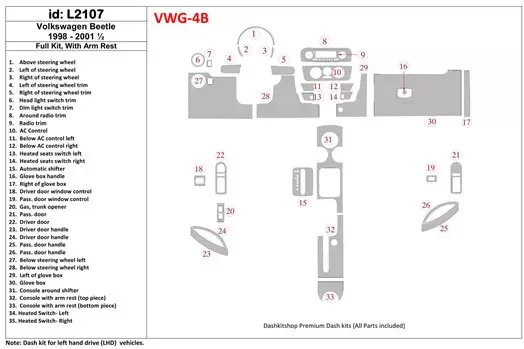 Volkswagen Beetle 1998-2001 Full Set, With Armrest, 33 Parts set Cruscotto BD Rivestimenti interni