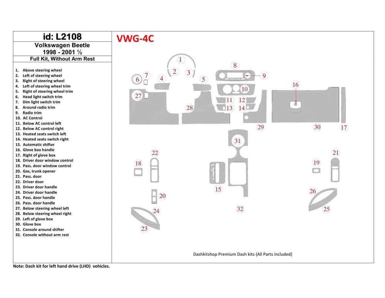 Volkswagen Beetle 1998-2001 Full Set, Without Armrest, 32 Parts set, Interior BD Dash Trim Kit