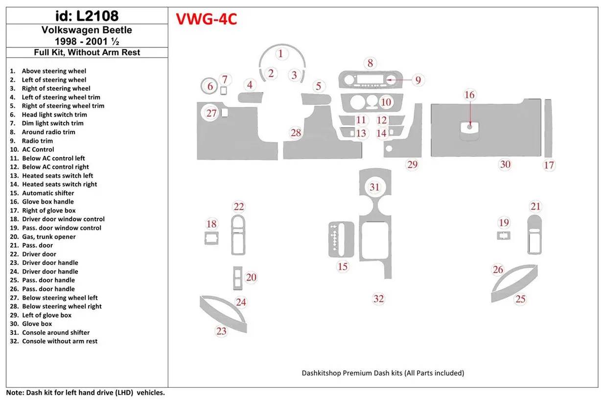 Volkswagen Beetle 1998-2001 Full Set, Without Armrest, 32 Parts set, Cruscotto BD Rivestimenti interni