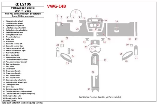 Volkswagen Beetle 2001-2005 Full Set fits Cabrio and Coupe With Armrest BD Interieur Dashboard Bekleding Volhouder