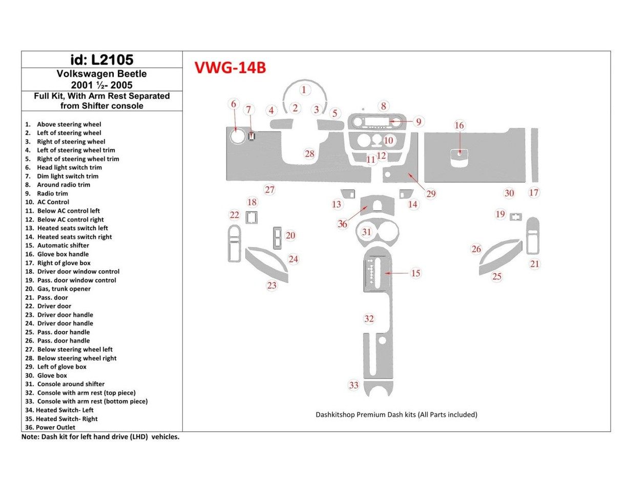 Volkswagen Beetle 2001-2005 Full Set fits Cabrio and Coupe With Armrest BD Interieur Dashboard Bekleding Volhouder