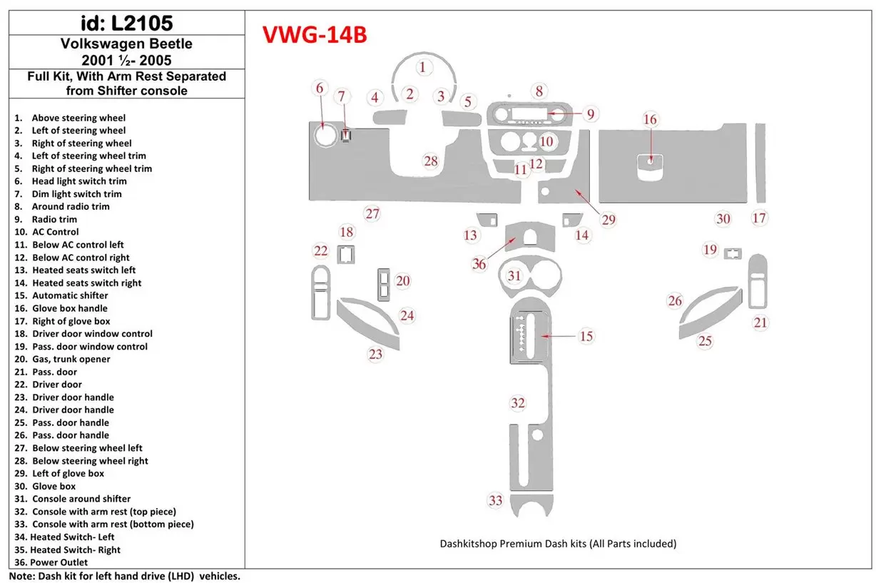 Volkswagen Beetle 2001-2005 Full Set fits Cabrio and Coupe With Armrest Cruscotto BD Rivestimenti interni