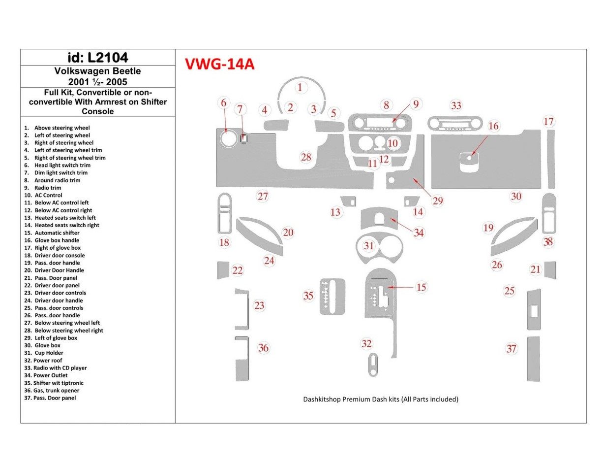 Volkswagen Beetle 2001-2005 Full Set Cruscotto BD Rivestimenti interni