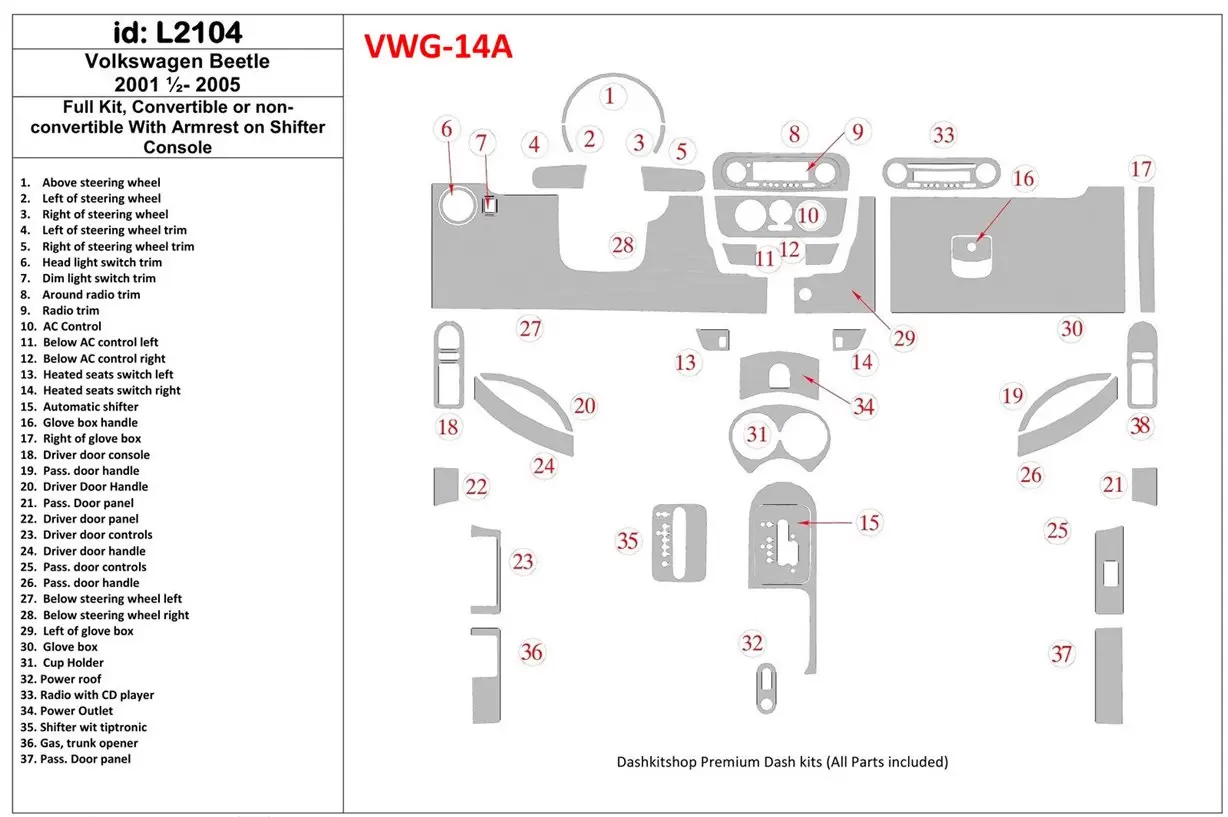 Volkswagen Beetle 2001-2005 Full Set Cruscotto BD Rivestimenti interni