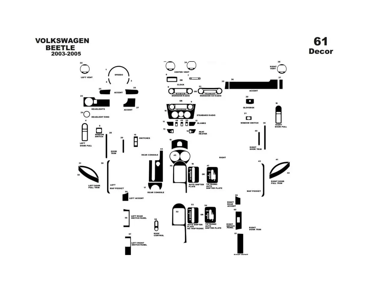 Volkswagen Beetle 2003-2005 Mittelkonsole Armaturendekor Cockpit Dekor 61-Teilige - 1- Cockpit Dekor Innenraum