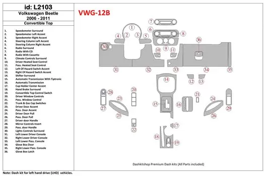 Volkswagen Beetle 2006-2011 Full Set, fits (Cabrio) Interior BD Dash Trim Kit