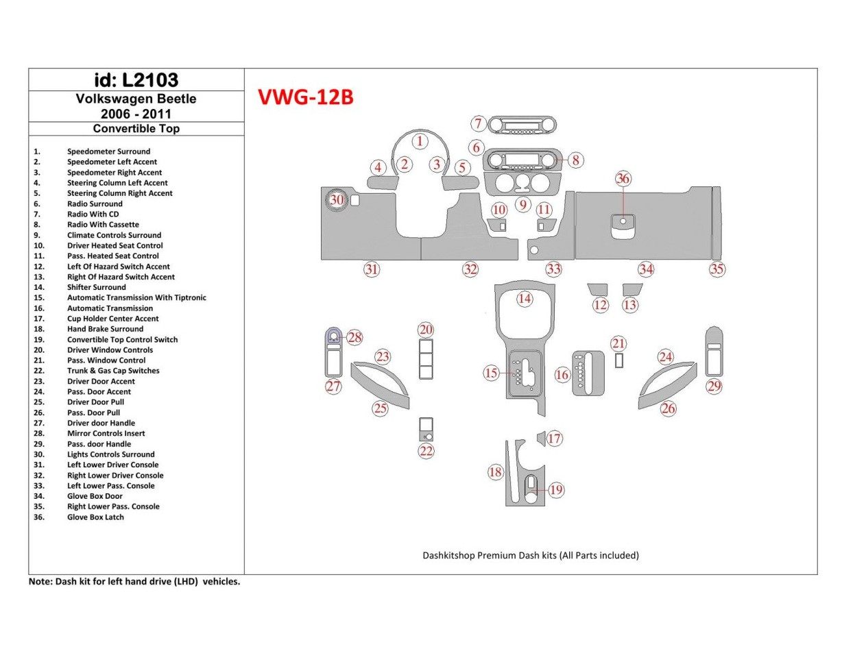 Volkswagen Beetle 2006-2011 Ensemble Complet, fits (Cabrio) BD Kit la décoration du tableau de bord - 1 - habillage decor de tab