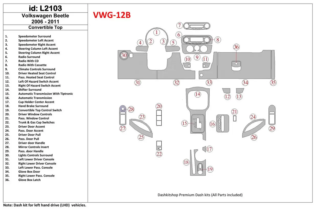 Volkswagen Beetle 2006-2011 Full Set, fits (Cabrio) Cruscotto BD Rivestimenti interni