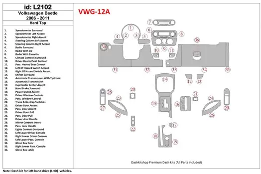 Volkswagen Beetle 2006-2011 Full Set, Soft roof-Coupe Not-Cabrio BD Interieur Dashboard Bekleding Volhouder