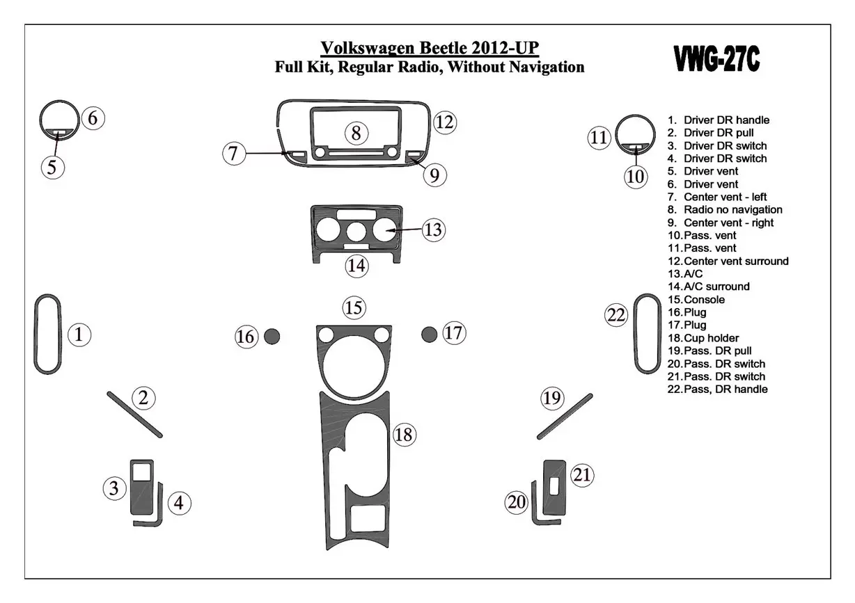 Volkswagen Beetle 2012-UP Full Set, Standart Audio, Without NAVI Cruscotto BD Rivestimenti interni