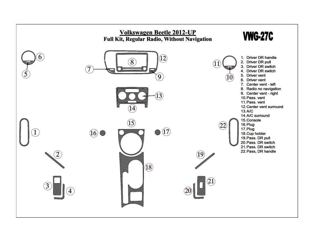 Volkswagen Beetle 2012-UP Voll Satz, Standart Audio, Without NAVI BD innenausstattung armaturendekor cockpit dekor - 1- Cockpit 
