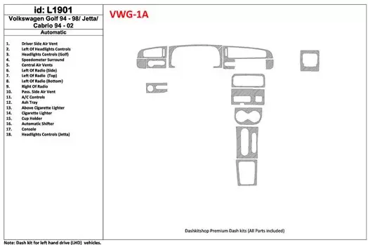 Volkswagen Cabrio 1994-2002 Automatic Gearbox, 18 Parts set BD Interieur Dashboard Bekleding Volhouder