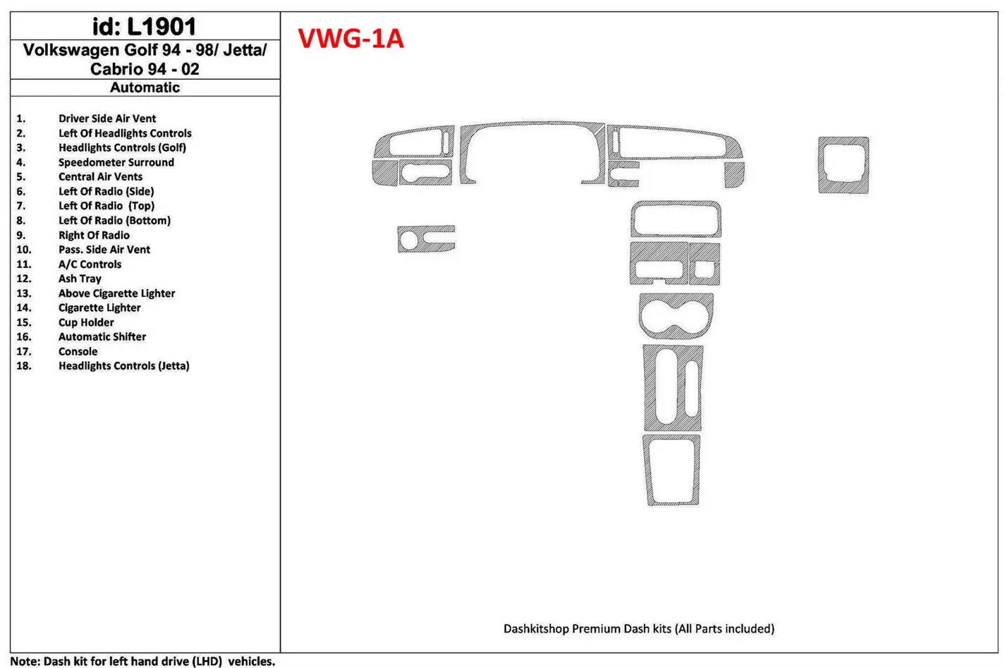 Volkswagen Cabrio 1994-2002 Automatic Gearbox, 18 Parts set Cruscotto BD Rivestimenti interni