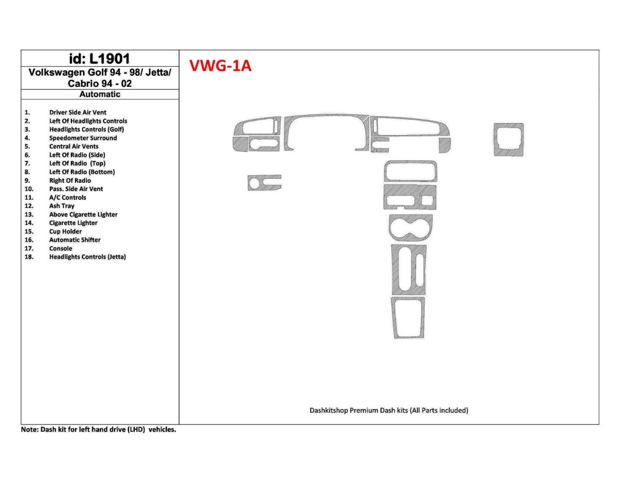 Volkswagen Cabrio 1994-2002 Boîte automatique, 18 Parts set BD Kit la décoration du tableau de bord - 1 - habillage decor de tab