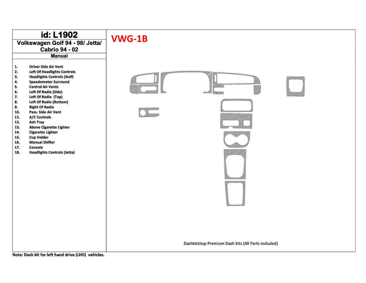 Volkswagen Cabrio 1994-2002 Manual Gearbox, 18 Parts set Cruscotto BD Rivestimenti interni