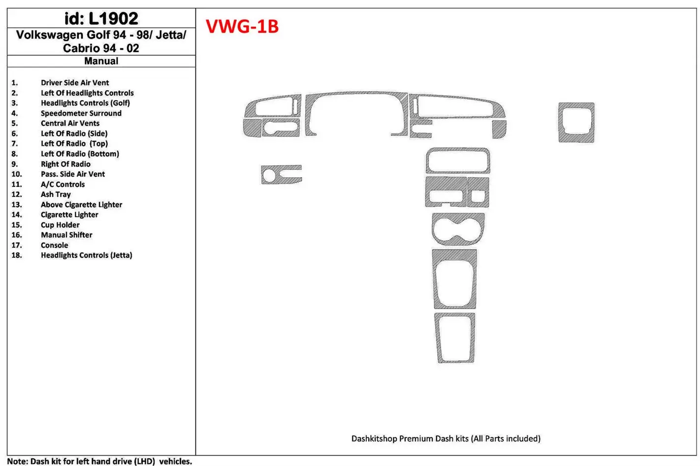 Volkswagen Cabrio 1994-2002 Manual Gearbox, 18 Parts set BD innenausstattung armaturendekor cockpit dekor - 1- Cockpit Dekor Inn