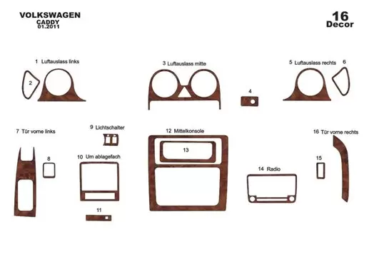 Volkswagen Caddy 2010 Mittelkonsole Armaturendekor Cockpit Dekor 16-Teilige - 1- Cockpit Dekor Innenraum