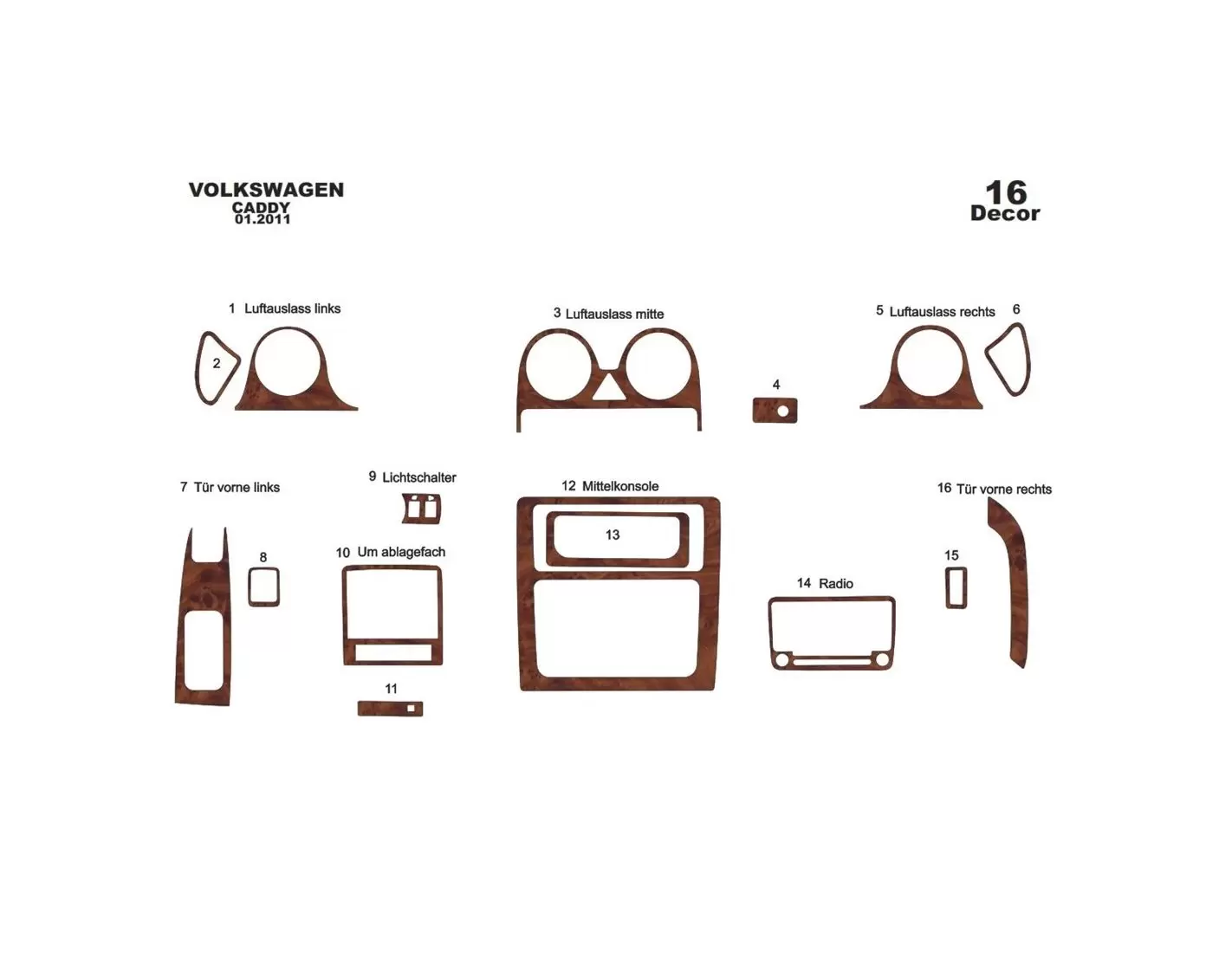 Volkswagen Caddy 2010 Mittelkonsole Armaturendekor Cockpit Dekor 16-Teilige - 1- Cockpit Dekor Innenraum