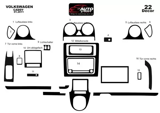 Volkswagen Caddy Full Set 2011 Mittelkonsole Armaturendekor Cockpit Dekor 21-Teilige - 1- Cockpit Dekor Innenraum