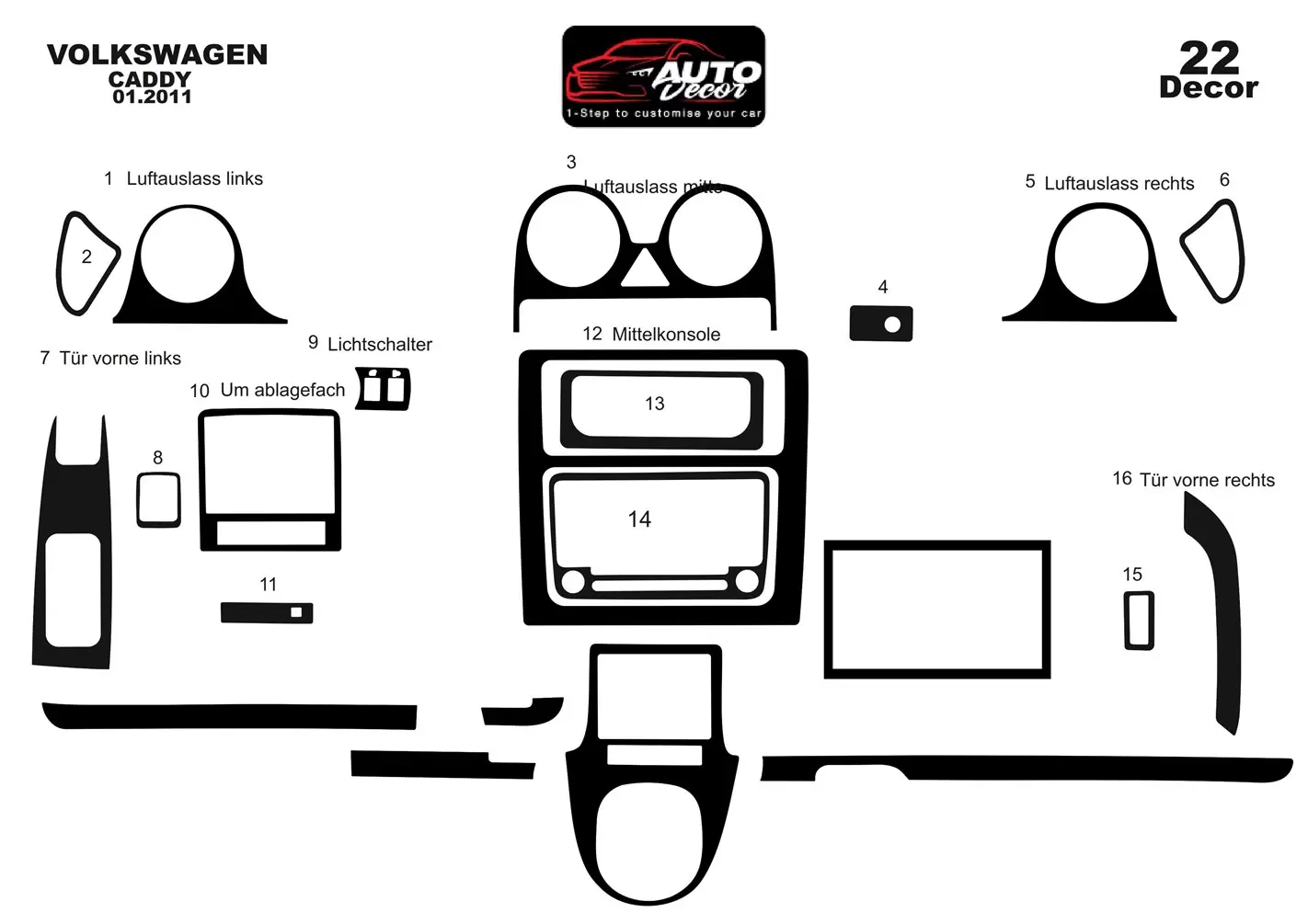 Volkswagen Caddy Full Set 01.2011 3M 3D Interior Dashboard Trim Kit Dash Trim Dekor 22-Parts