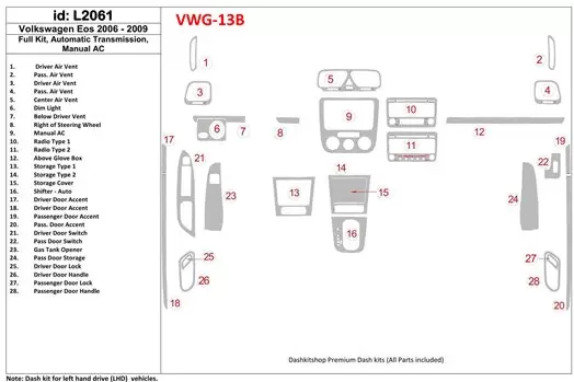 Volkswagen EOS 2006-2009 Full Set, Automatic Gearbox, Aircondition Interior BD Dash Trim Kit