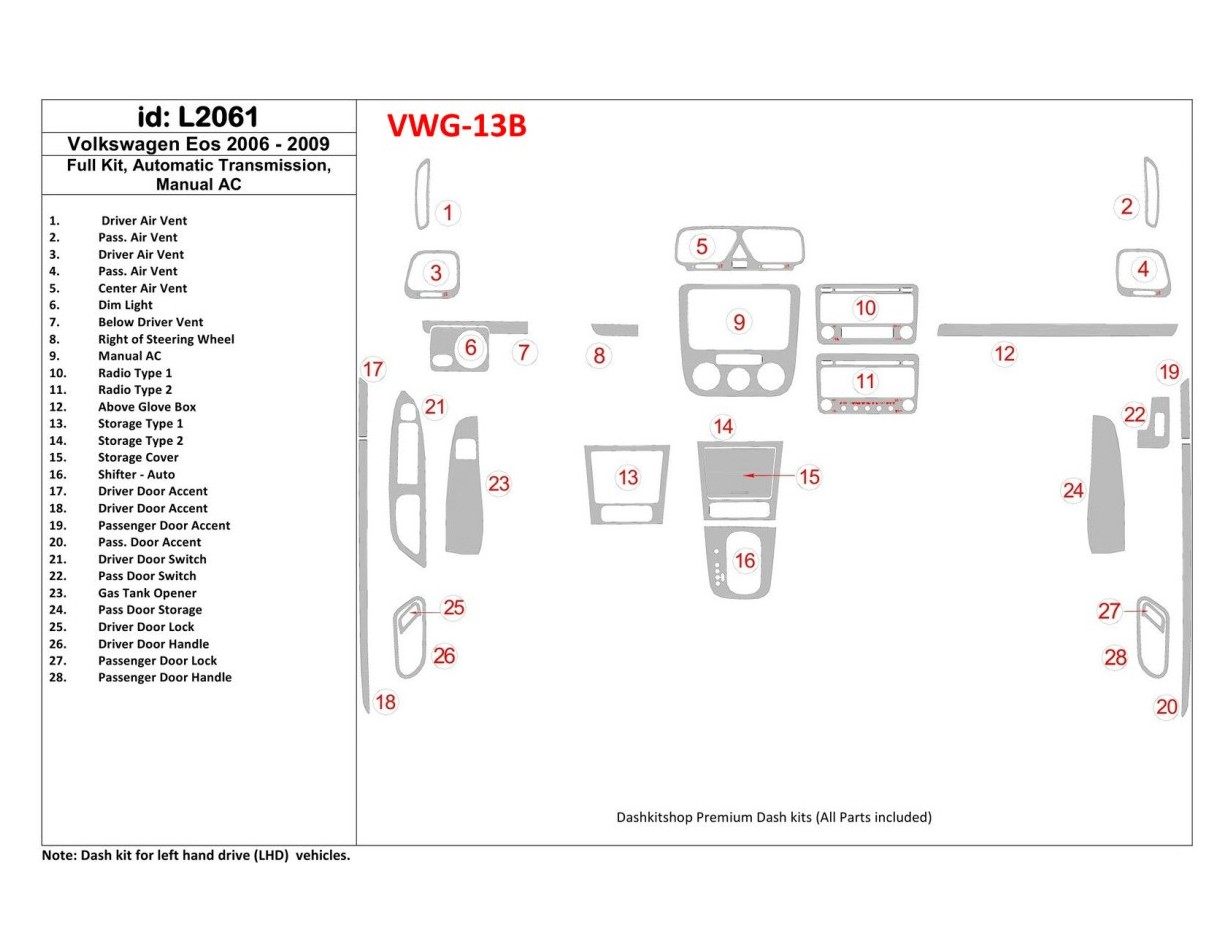 Volkswagen EOS 2006-2009 Full Set, Automatic Gearbox, Aircondition BD Interieur Dashboard Bekleding Volhouder