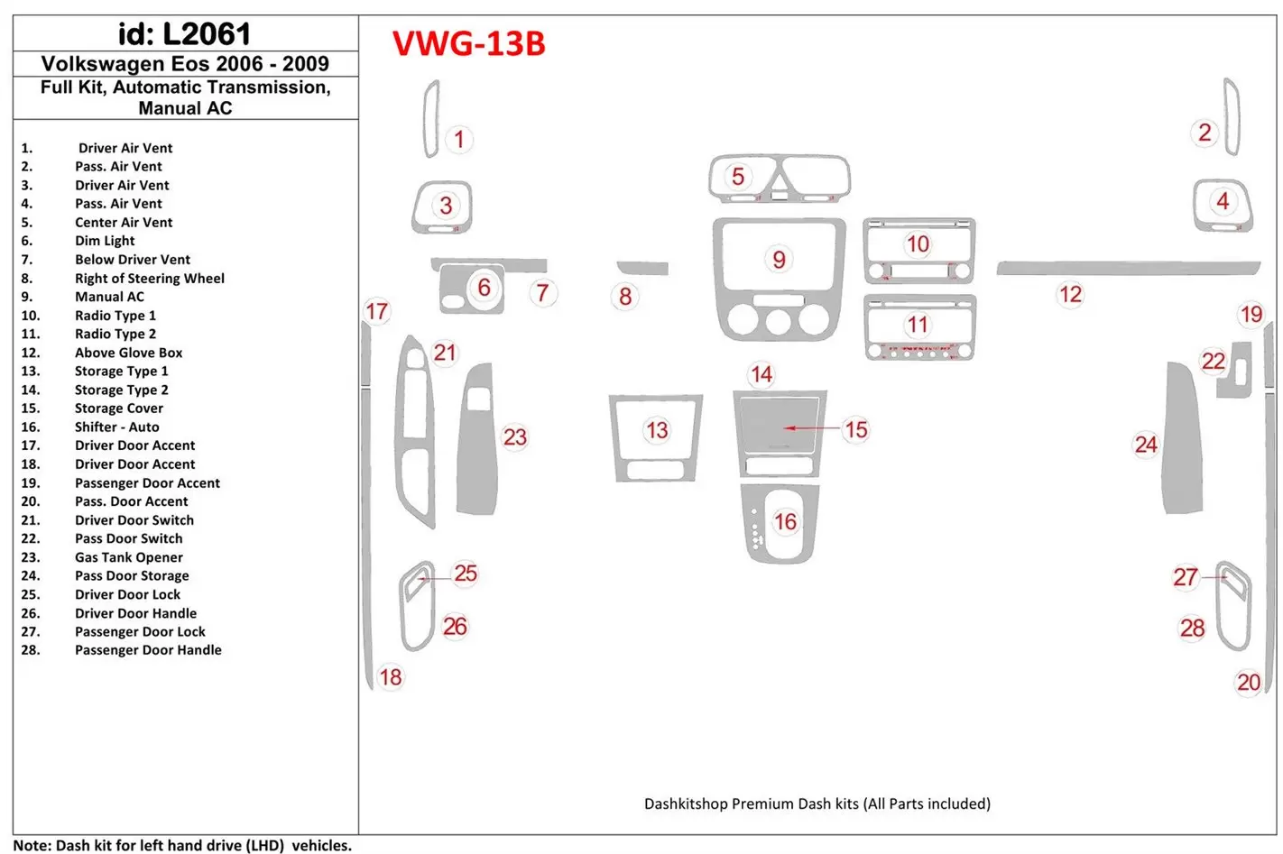 Volkswagen EOS 2006-2009 Full Set, Automatic Gearbox, Aircondition BD Interieur Dashboard Bekleding Volhouder