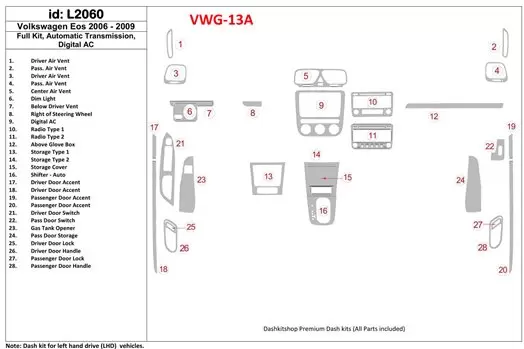 Volkswagen EOS 2006-UP Full Set, Automatic Gear BD Interieur Dashboard Bekleding Volhouder