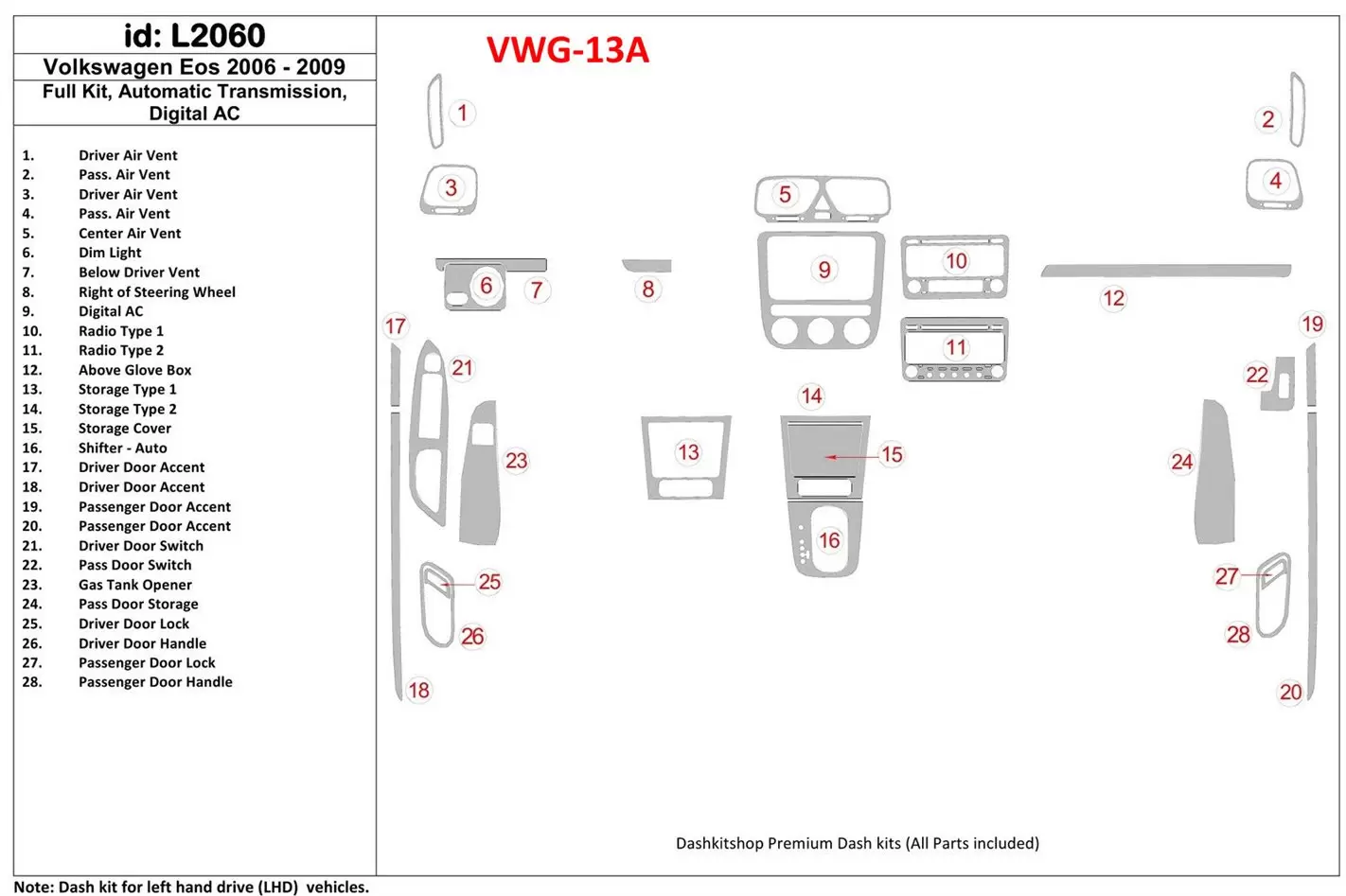 Volkswagen EOS 2006-UP Ensemble Complet, Boîte automatique BD Kit la décoration du tableau de bord - 1 - habillage decor de tabl