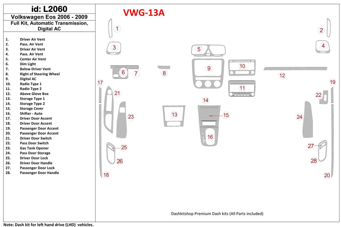 Volkswagen EOS 2006-UP Full Set, Automatic Gear Interior BD Dash Trim Kit