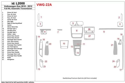 Volkswagen EOS 2010-UP BD Interieur Dashboard Bekleding Volhouder