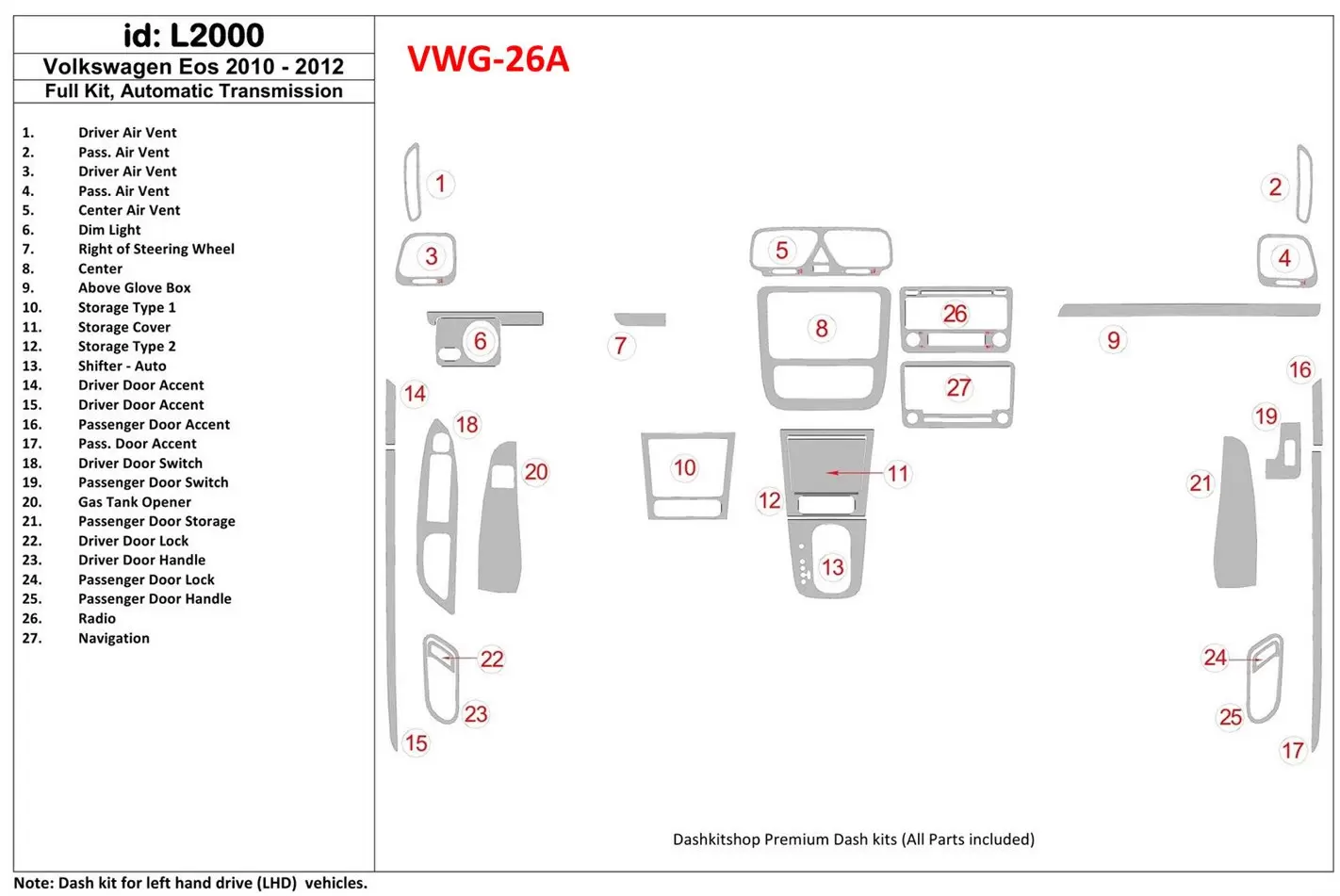 Volkswagen EOS 2013-UP Voll Satz, Automatic Gearbox BD innenausstattung armaturendekor cockpit dekor - 1- Cockpit Dekor Innenrau