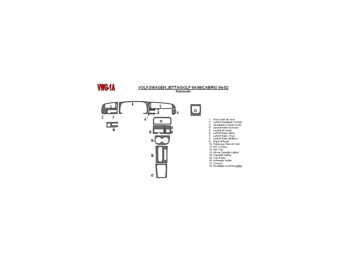 Volkswagen Golf 1994-1998 Automatic Gearbox, 18 Parts set BD Interieur Dashboard Bekleding Volhouder