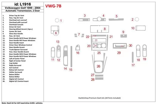 Volkswagen Golf 1999-2004 2 Doors, Automatic Gear Cruscotto BD Rivestimenti interni